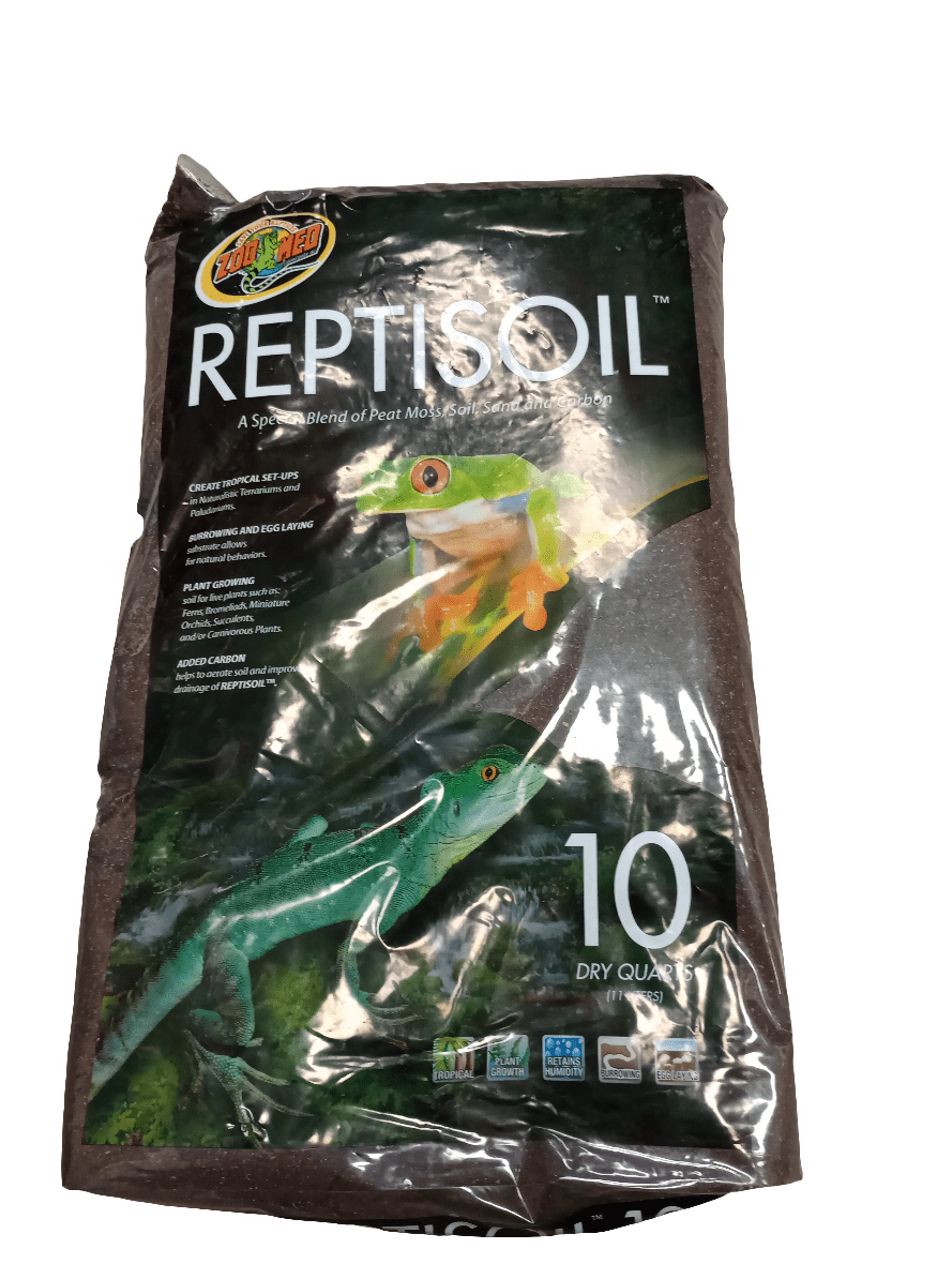 ZooMed Reptisoil 10 Qt, a special blend of peat moss and soil, showcases images of a frog and a lizard on the packaging. The package highlights "10 dry quarts" along with various feature-related icons.