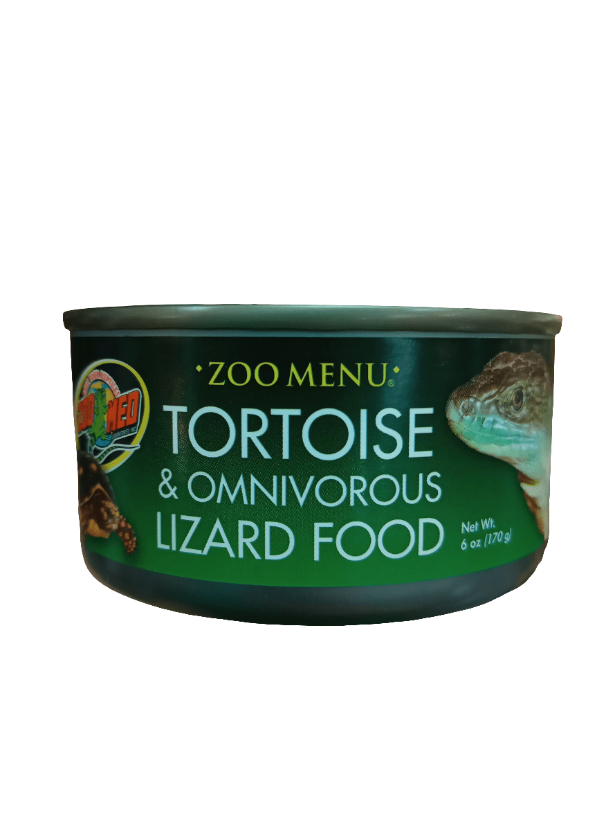 A can of ZooMed Tortoise / Lizard Food, showcasing illustrations of a tortoise and a lizard on the label, with an 8.5 oz net weight.