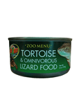 A can of ZooMed Tortoise / Lizard Food, showcasing illustrations of a tortoise and a lizard on the label, with an 8.5 oz net weight.