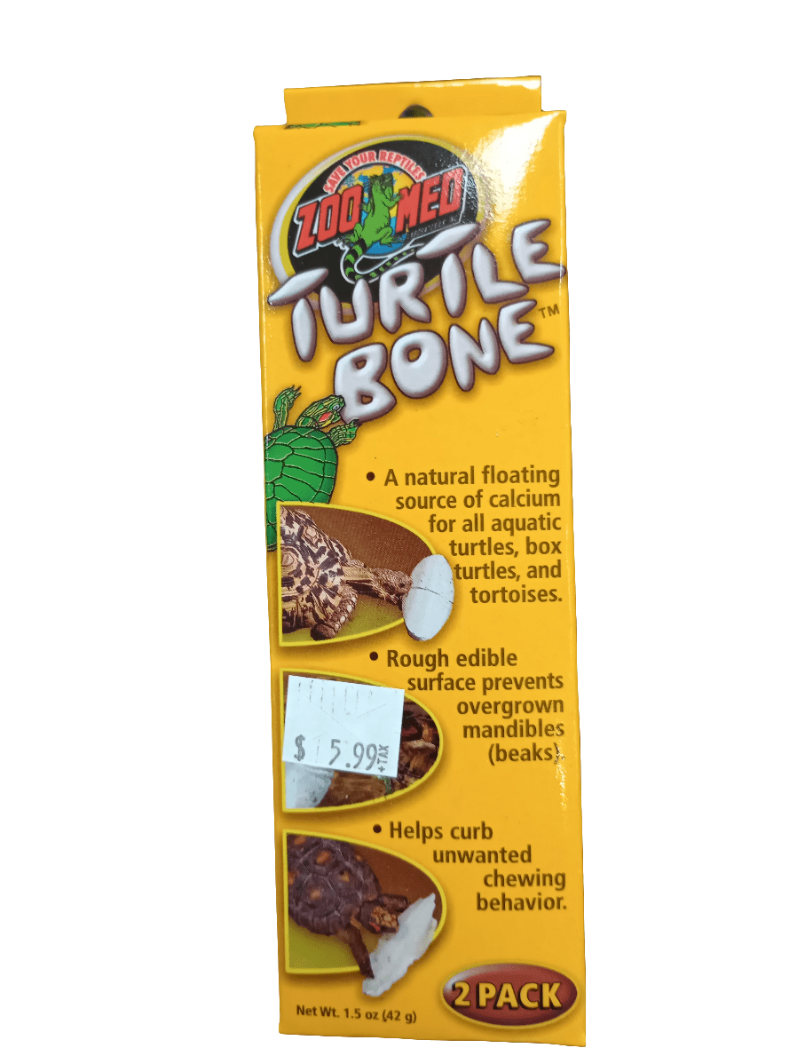 Image of a yellow package of ZooMed Turtle Bone x2. The front highlights the product as a calcium source for turtles and tortoises, promotes benefits for jaw health, and addresses its role in reducing chewing behavior. Price sticker shows $5.99.