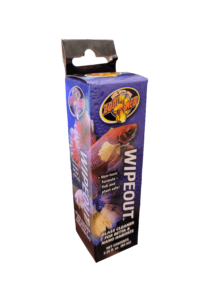 The ZooMed WipeOut Glass Cleaner in a 2.25 oz purple box showcases an image of a vibrant fish. Its non-toxic formula ensures safety for fish and plants while effectively cleaning mineral deposits, and the packaging emphasizes the use of sustainable ingredients.