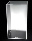 The Vivarium Electronics Acrylic Enclosure-Large is a transparent rectangular acrylic enclosure with a top opening and perforated sides. The solid bottom displays the Vivarium Electronics logo, making it ideal for laboratory or scientific use against a dark background.