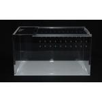 The Vivarium Electronics - Acrylic Enclosure - Medium is a clear, rectangular container against a black background with small circular holes on the top portion of one side for cross ventilation, while the bottom half stays plain and transparent.