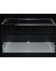 The Vivarium Electronics - Acrylic Enclosure - Medium is a clear, rectangular container against a black background with small circular holes on the top portion of one side for cross ventilation, while the bottom half stays plain and transparent.