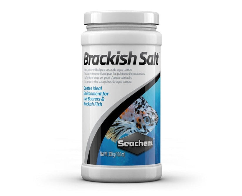 A cylindrical Seachem Brackish Salt container with a fish image on the label, ideal for livebearers and brackish fish. Net weight is 600 grams.