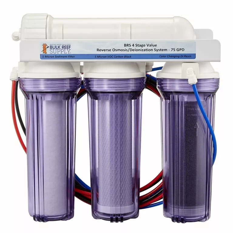 This image features the Bulk Reef Supply RODI System - 4 Stage Value - 75 GPD, with Mur-lok Push Connect fittings, three transparent filter housings, color-coded tubing, and a top white bracket, exemplifying the RODI systems efficiency and innovation.