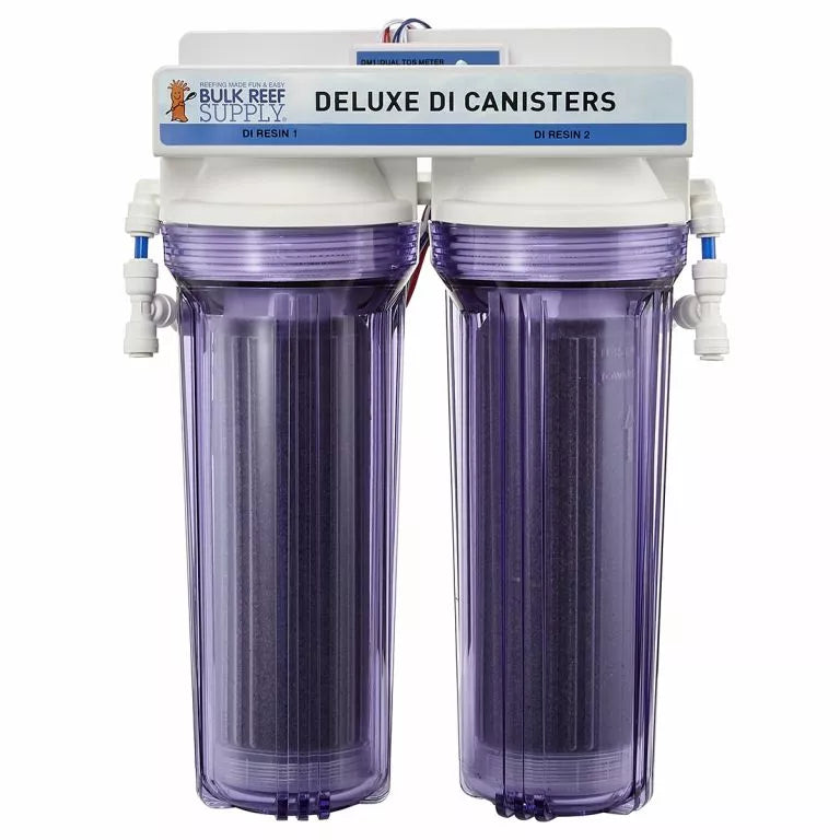 The Bulk Reef Supply Dual Deionization Canister with DM-1 Dual TDS Meter features color-changing DI resin in clear canisters, allowing easy monitoring and showcasing black filters with side valves for effective filtration.