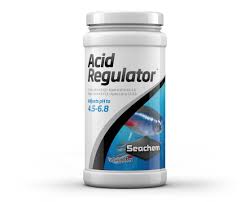 A white Seachem Acid Regulator container with a blue label features a fish image and states it adjusts aquarium pH to 4.5-6.8 for optimal freshwater enhancement.