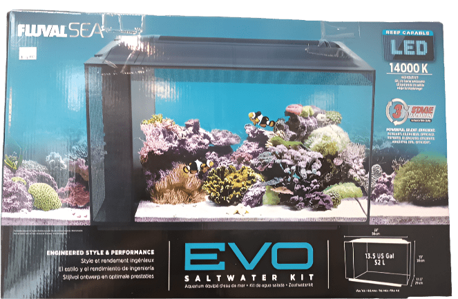 Product packaging for the evo 13.5 Fluval Aquarium showcasing a compact marine setup with vibrant coral and clownfish. The packaging emphasizes LED lighting, a 14000K light spectrum, and a capacity of 13.5 gallons.