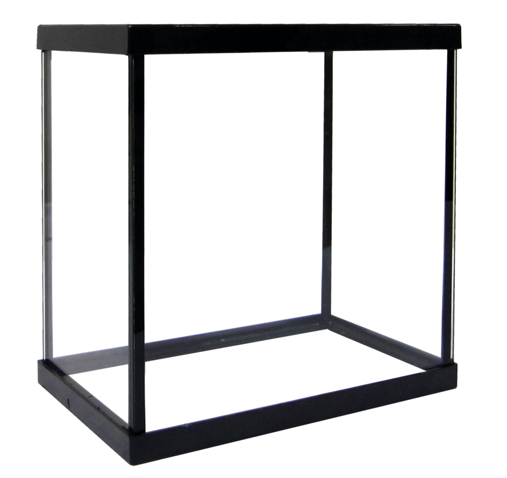 The Aquarium Masters Reptile Terrarium is a sleek, black, rectangular open-frame design featuring a flat screen top. Its minimalist aesthetic includes vertical supports and can incorporate distortion-free glass panels for an elegant contemporary look.