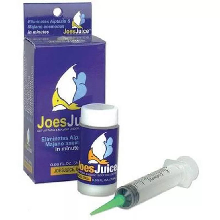 Joes Juice - Aiptasia Eliminator (20mL) comes in a reef-safe white container with a syringe, featuring a fish logo on the box and bottle. Its perfect for eliminating Aiptasia and Majano anemones.