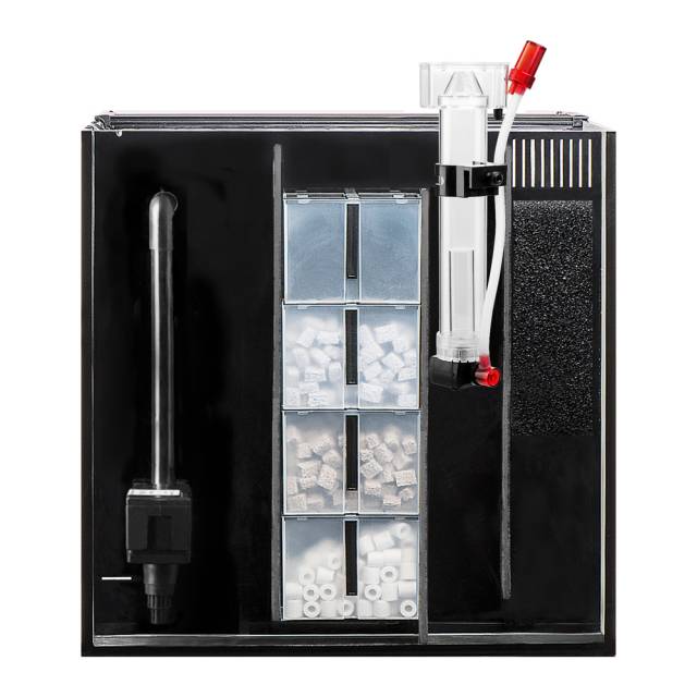 Introducing the AQUATOP - Recife ECO 40 Gallon Tank & Stand Combo (Black), a cutting-edge reef aquarium system with a Multi-stage Filter Box featuring white and beige biological media, a contrasting black background, transparent tube, red valve, and white skimmer for optimal performance.