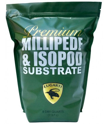 A green bag with the gold Lugarti logo and white text reads Premium Millipede & Isopod Substrate. It contains 8 dry quarts (7.57 L) of ideal millipede substrate.