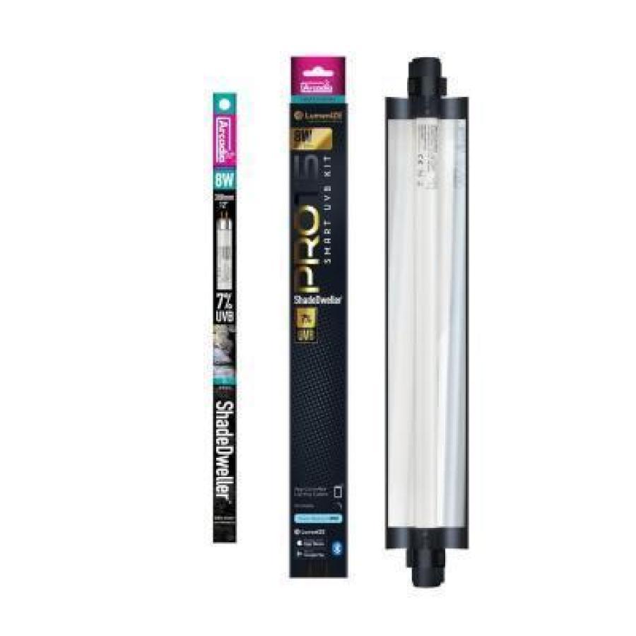 Image of two products: the Arcadia LumenIZE ShadeDweller ProT5 UVB Kit in sleek black packaging with an 8W, 7% UVB bulb and a fluorescent lamp featuring a pink accent, both offering perfect reptile lighting solutions for optimal habitat illumination.