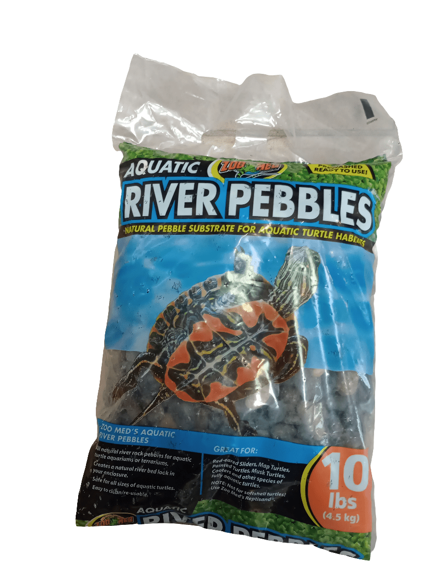 A 10 lb bag of Zoo Med river pebbles, ideal for turtle habitats, featuring an image of a turtle on the packaging.