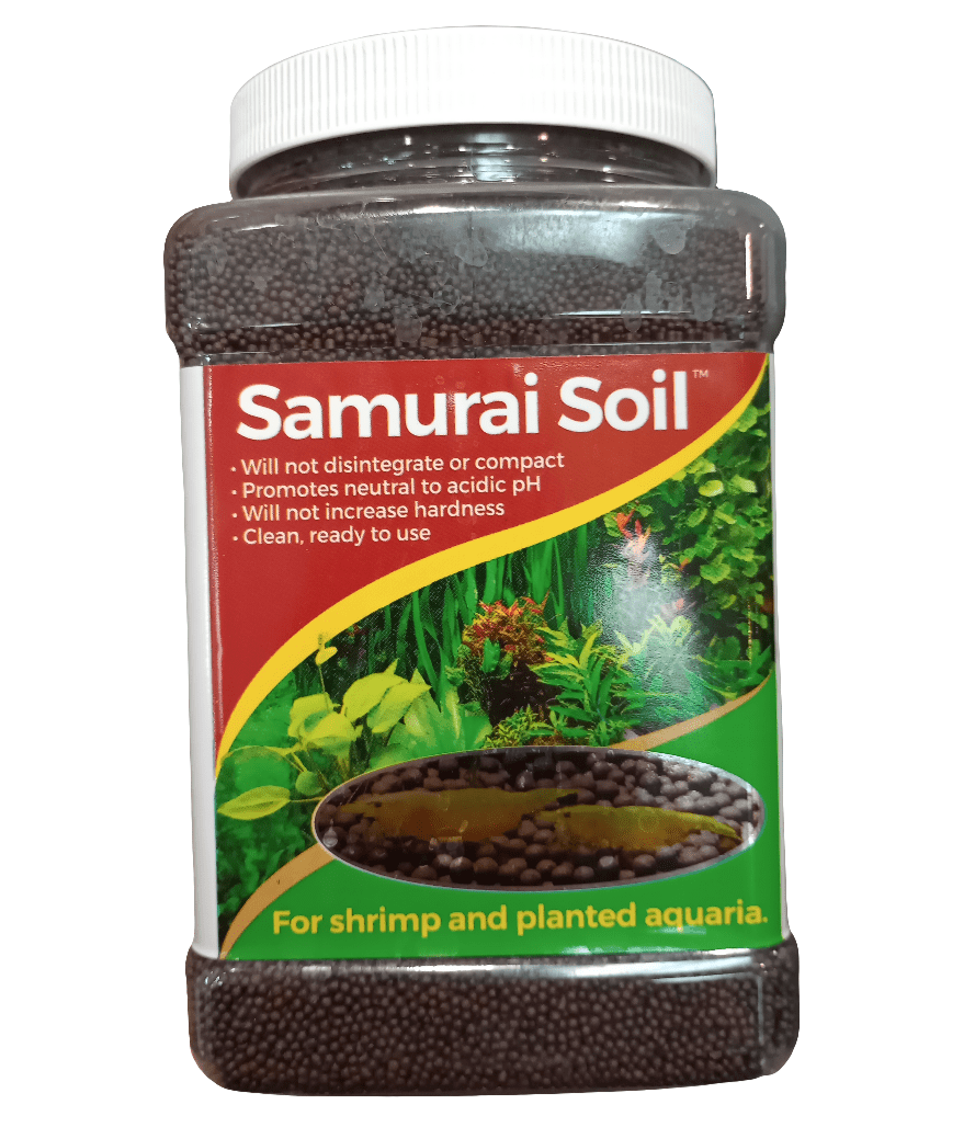 A 3.5-pound container of Samurai Soil is designed for aquariums. It offers key benefits such as preventing disintegration, maintaining a neutral to acidic pH without increasing hardness, and being clean and ready to use. This product is ideal for shrimp and planted aquariums.