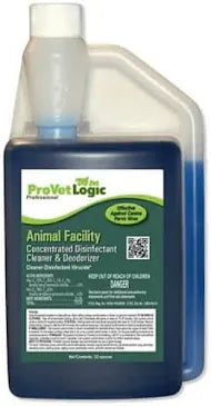 A blue bottle labeled ProVet Logic Animal Facility Concentrated Disinfectant Cleaner & Deodorizer 32oz features a translucent measuring chamber and a QR code on the label.