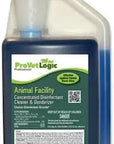 A blue bottle labeled ProVet Logic Animal Facility Concentrated Disinfectant Cleaner & Deodorizer 32oz features a translucent measuring chamber and a QR code on the label.