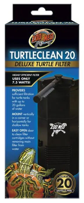 The packaging for Zoo Med Turtleclean 20 Deluxe Turtle Filter, adorned with a turtle and image of the filter, emphasizes its efficient and easy-to-use design, low wattage (7.5 watts), and compatibility with aquariums holding up to 20 gallons.