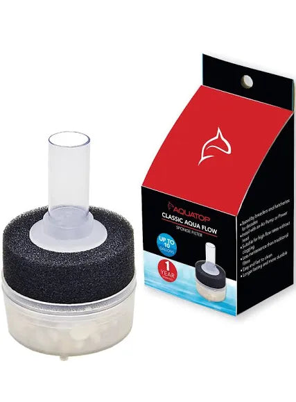 Aquatop Classic Aqua Flow Sponge Filter shown beside its box, featuring a cylindrical sponge with a clear plastic tube. The packaging displays product details, including up to 10 gallons and a highlight of 1 year.