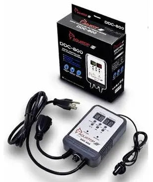 The Aquatop DDC-800 Digital Controller for Titanium Heaters, with a cable and plug, is displayed next to its packaging box. It features digital display screens and control buttons.