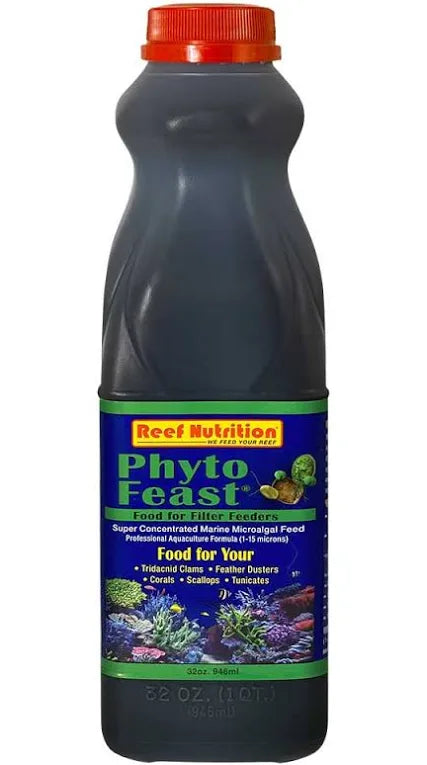 A bottle of Reef Nutrition - Phyto Feast 32 Oz (1QT) is a concentrated marine microalgae feed designed for aquaculture, featuring coral and marine life images suitable for filter feeders like clams and feather dusters.