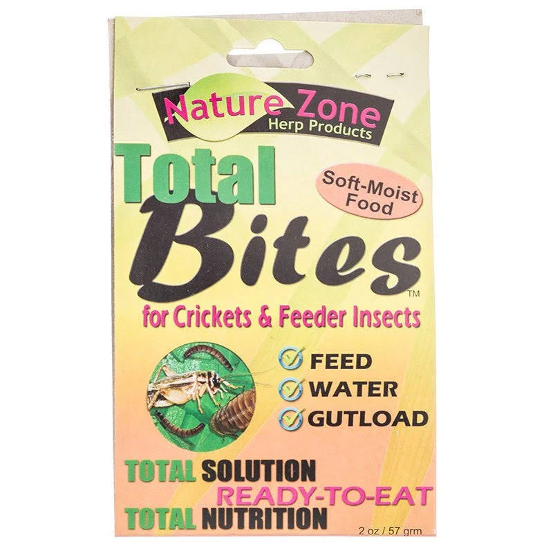 Nature Zone Total Bites 2oz offers a soft-moist feast for crickets and feeder insects with comprehensive feed, water, and essential gut-load in eye-catching Ready-to-Eat and Total Nutrition packaging. The vibrant 57g pack ensures optimal nourishment.