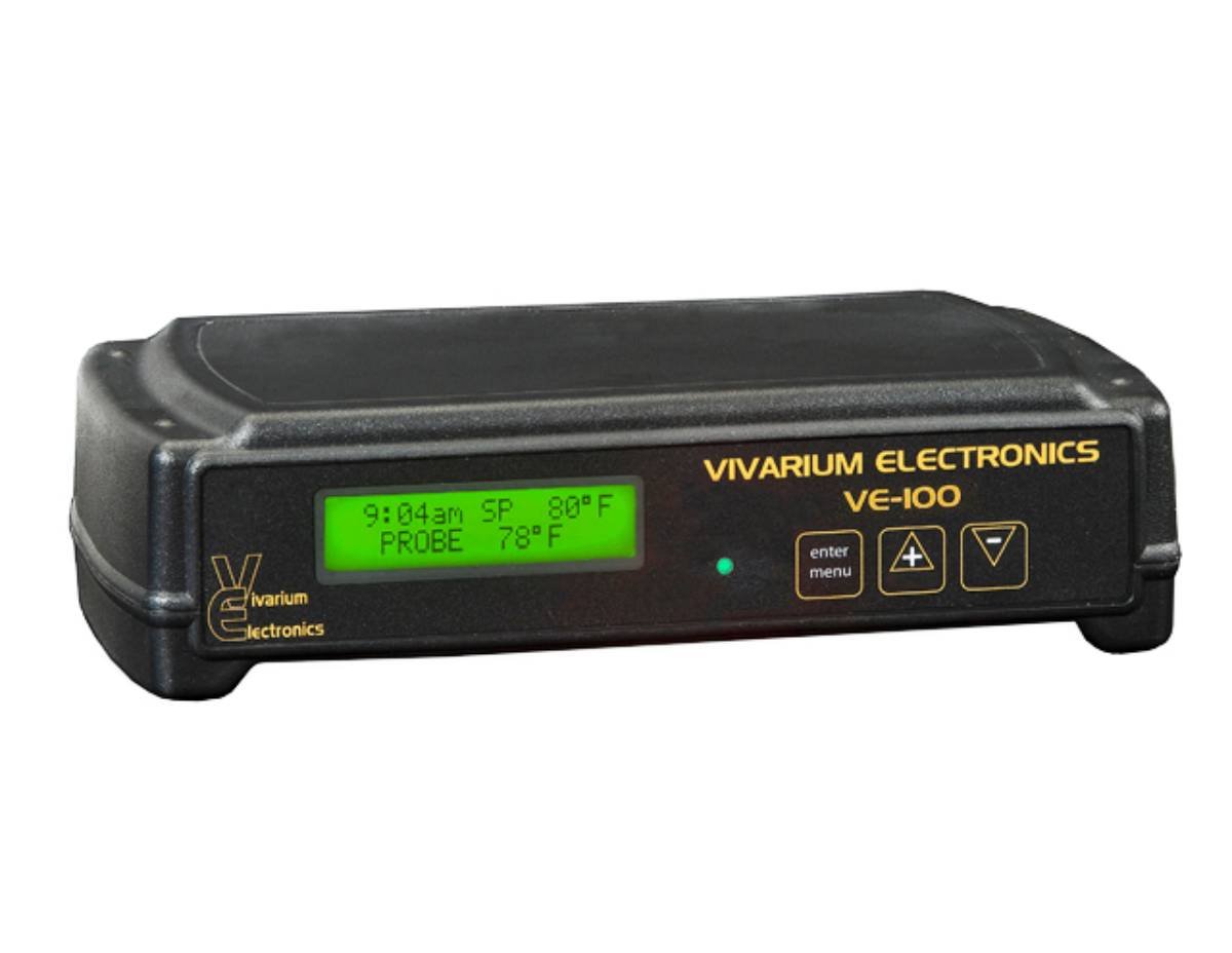 The Vivarium Electronics- VE-100 Digital On/Off Thermostat 700w in black shows 9:04 a.m., SP 80°F, and PROBE 78°F on its display. Ideal for precise climate control, it features navigation buttons labeled enter and menu.